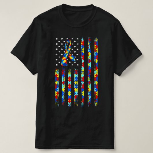自閉症啓発シャツアメリカンフラグリボンパズル Tシャツ (デザイン正面)