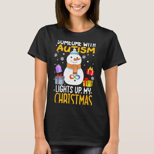 自閉症啓発スノーマンクリスマスデコの面白いシャツ Tシャツ (正面)