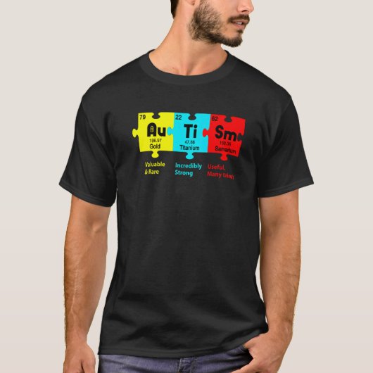 自閉症啓発デーパズル化学元素化学 Tシャツ (正面)