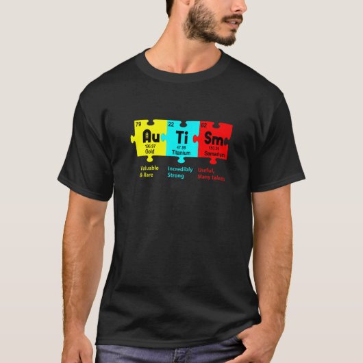 自閉症啓発デーパズル化学元素化学 Tシャツ (正面)