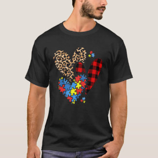 自閉症啓発ハートヒョウ柄チェック柄バッファローAuti Tシャツ