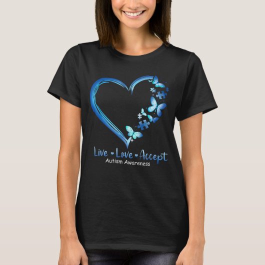 自閉症啓発ハート蝶 Live Love Accept Tシャツ (正面)
