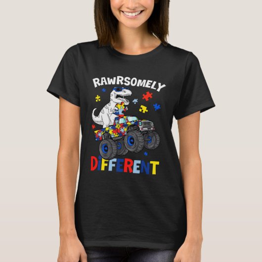 自閉症啓発パズル恐竜 Rawrsomely Different Tシャツ (正面)
