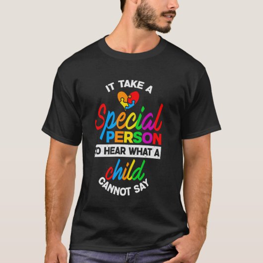 自閉症啓発パズル特別な人聞く子供が言うことC Tシャツ (正面)