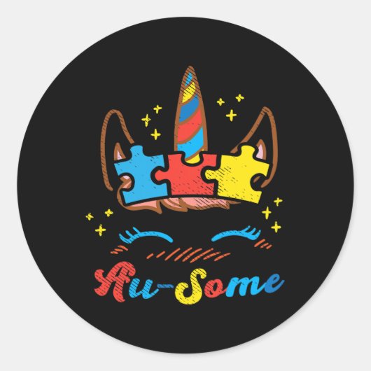 自閉症啓発ユニコーン顔パズル ASL ギフト ラウンドシール (正面)