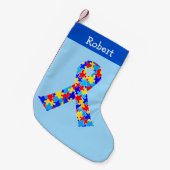 自閉症啓発リボンかわいいブパーソナライズされたルー スモールクリスマスストッキング (正面 (吊り時))