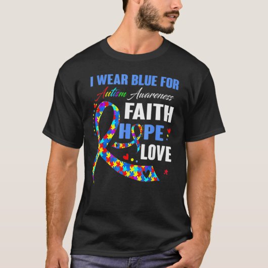 自閉症啓発リボンのブルーを身に着ける Tシャツ (正面)