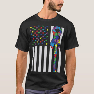 自閉症啓発リボン米国国旗のサポート自閉症 Tシャツ