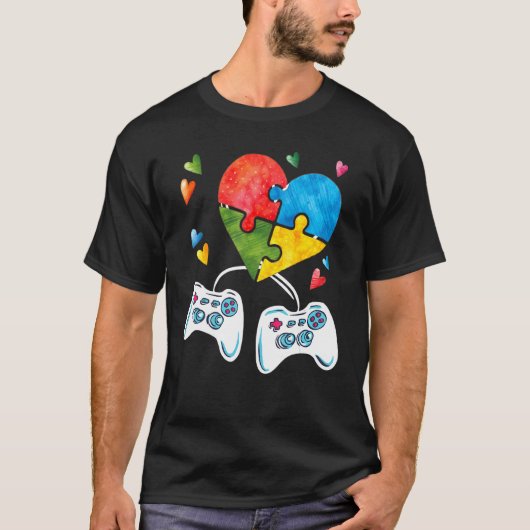 自閉症啓発子供ビデオゲーマーパズルピース ブルー Tシャツ (正面)