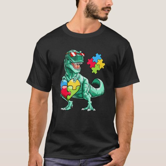 自閉症啓発恐竜レックスハートパズルピース Tシャツ (正面)