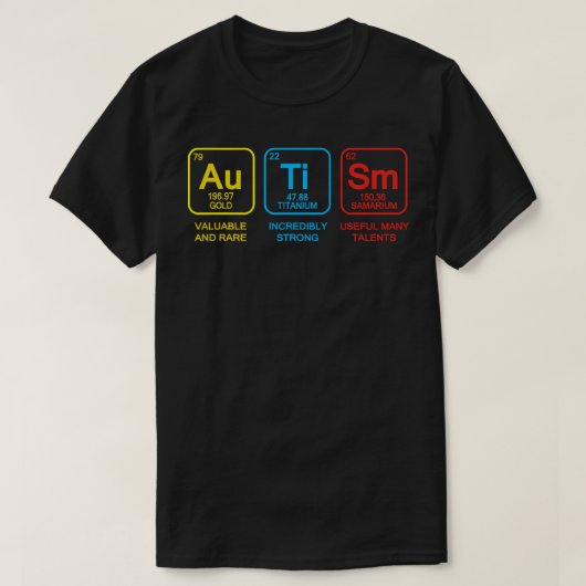 自閉症啓発支援，自閉症周期表 Tシャツ (デザイン正面)