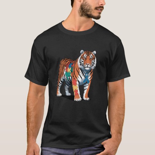 自閉症啓発月間 自閉症のトラのジグソーパズル Tシャツ (正面)