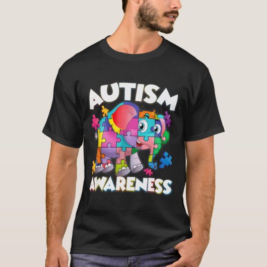 自閉症啓発月間 象 パズルのピース 少年 Tシャツ (正面)