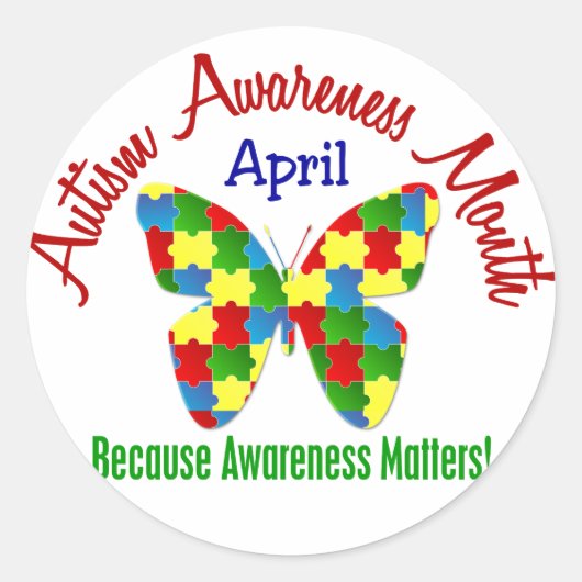 自閉症啓発月4月パズル蝶 ラウンドシール (正面)