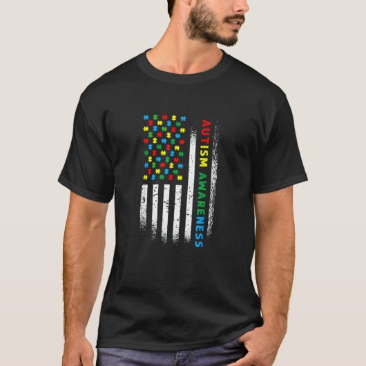 自閉症啓発 アメリカ国旗パズル Tシャツ (正面)