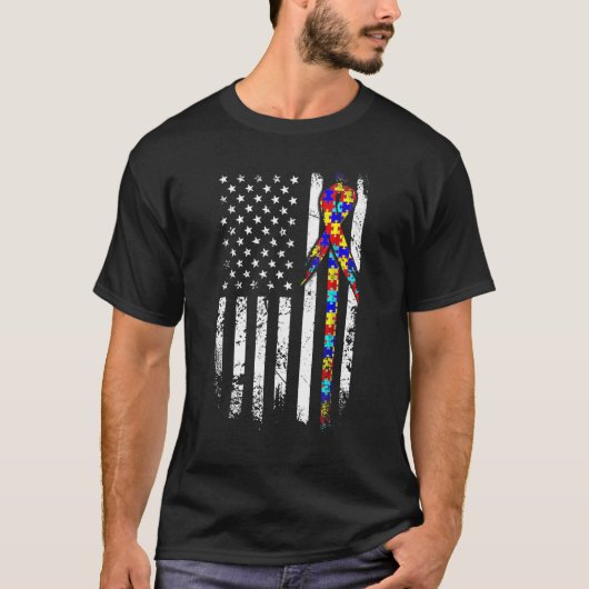 自閉症啓発 アメリカ国旗 ダストレスTシャツ Tシャツ (正面)