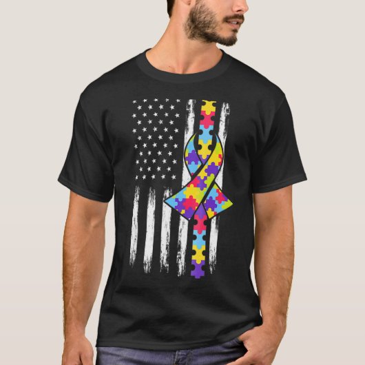 自閉症啓発 アメリカ国旗 自閉症リボン Tシャツ (正面)