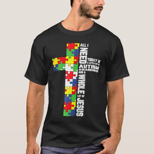 自閉症啓発 イエス 十字架 キリスト教 神 ジグソーパズル Tシャツ (正面)