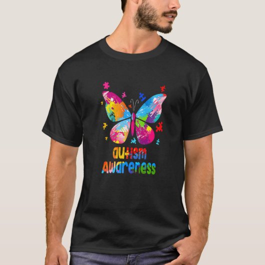 自閉症啓発 カラフルな蝶のパズル Tシャツ (正面)
