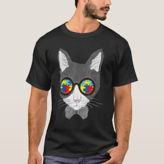 自閉症啓発 キャットフェイス サングラス パズルのピース Tシャツ