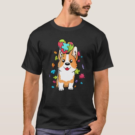 自閉症啓発 コーギー 子犬 パズル ハートボール Tシャツ (正面)