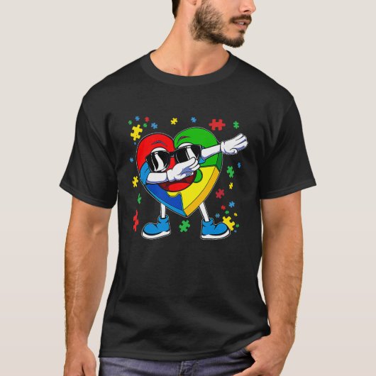 自閉症啓発 ダビング ハート パズルのピース 子供 Tシャツ (正面)