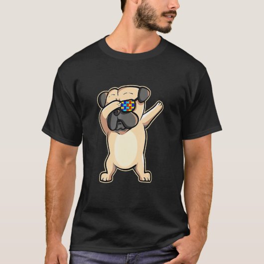自閉症啓発 ダビング パグ 犬 サングラス パズル Tシャツ (正面)
