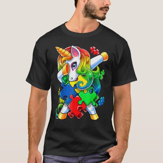 自閉症啓発 ダビング ユニコーン パズルピース 対象 Tシャツ (正面)