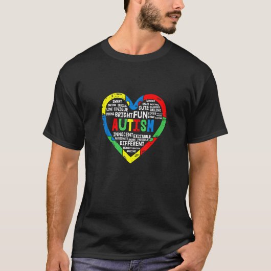 自閉症啓発 ハート型パズル カラフル 面白い ユニーク Tシャツ (正面)