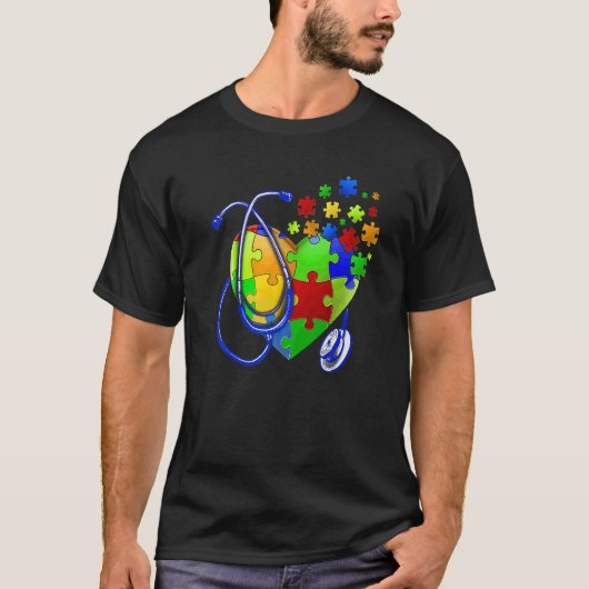 自閉症啓発 ハート型パズル ステッキ ナース 医師 Tシャツ (正面)