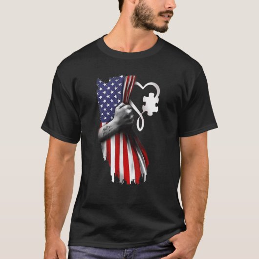 自閉症啓発 パズル ハート アメリカ国旗 手 P Tシャツ (正面)