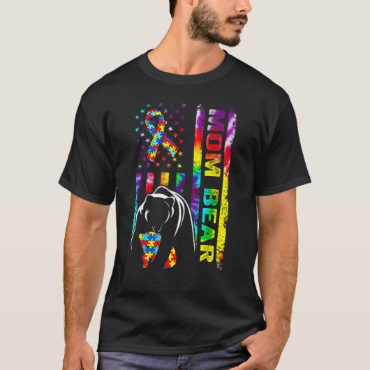 自閉症啓発 ママ ベア 自閉症 アメリカ国旗 Tシャツ (正面)