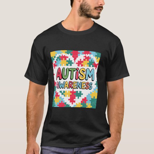 自閉症啓発 レインボーパズルハート サポート Tシャツ (正面)