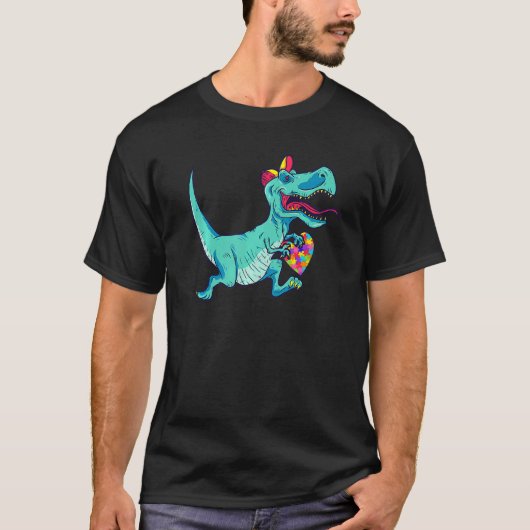 自閉症啓発 レックス恐竜パズルピース少年 Tシャツ (正面)
