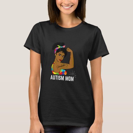 自閉症啓発 強い母 アフロ ママ 黒人女性 Tシャツ (正面)