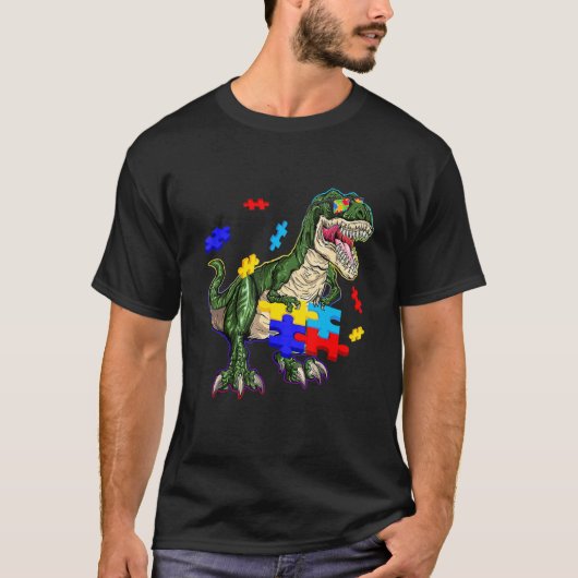 自閉症啓発 恐竜 ティラノサウルス サングラス パズル Tシャツ (正面)