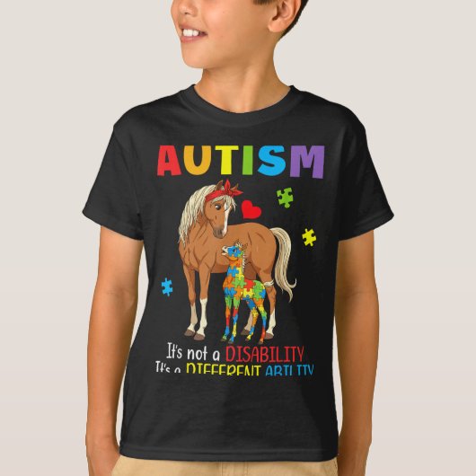 自閉症啓発 母 馬 異なる能力 パズル Tシャツ (正面)