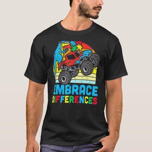 自閉症啓発 違いを認めよう ティラノサウルス モンスター Tシャツ (正面)