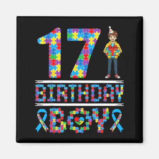 自閉症啓発 17歳の誕生日 男の子 パズルのピース 17 マグネット (正面)