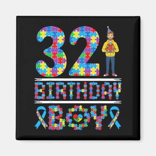 自閉症啓発 32歳の誕生日 男の子 パズルのピース 32 マグネット (正面)