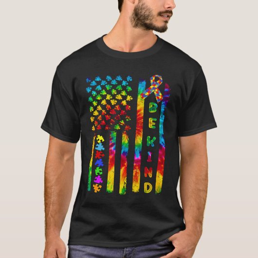 自閉症意識は親切なパズル米国アメリカ国旗T Tシャツ (正面)