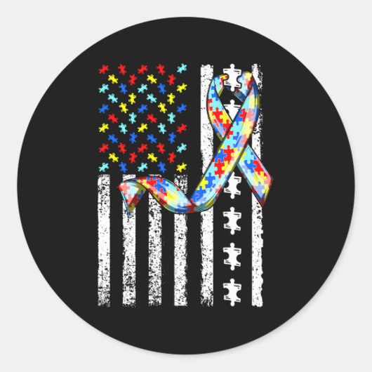 自閉症意識アメリカ国旗の自閉症 ラウンドシール (正面)