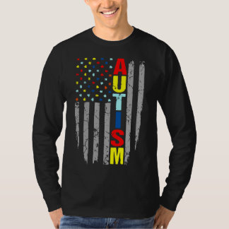 自閉症意識アメリカ国旗パズル作品 Tシャツ