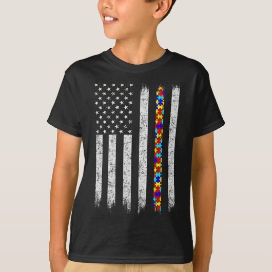 自閉症意識アメリカ国旗 Tシャツ (正面)