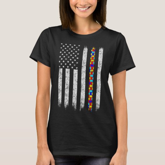 自閉症意識アメリカ国旗 Tシャツ (正面)