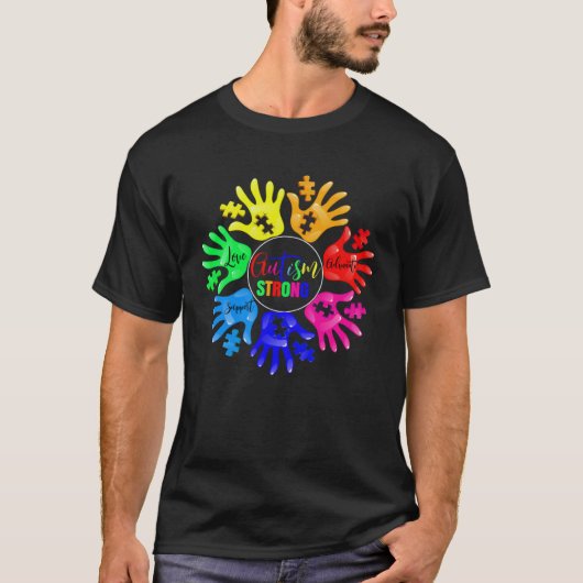 自閉症意識サイン言語ハンドパズルサポート Tシャツ (正面)
