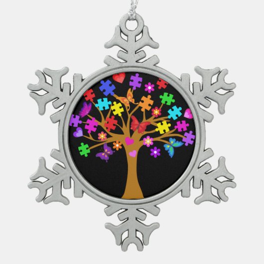 自閉症意識ツリー スノーフレークピューターオーナメント (正面)