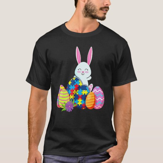 自閉症意識パズルイースターバニーエッグ Tシャツ (正面)