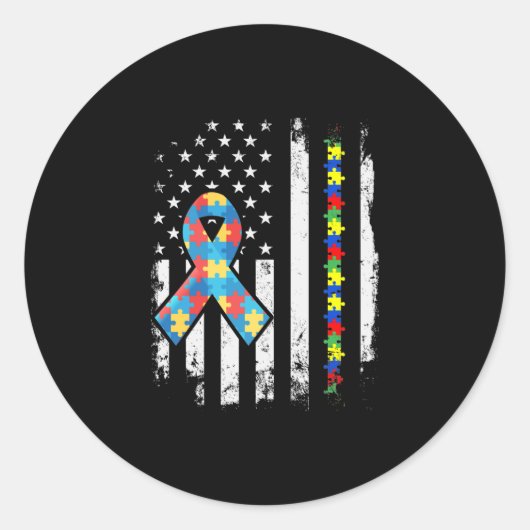 自閉症意識パズルリボンアメリカ国旗 ラウンドシール (正面)