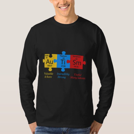 自閉症意識パズル周期表要素 Tシャツ (正面)